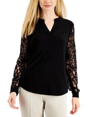 Kasper Women Lace Sleeves Mandarin Collar Pullover Top Black Petites Size PM $79